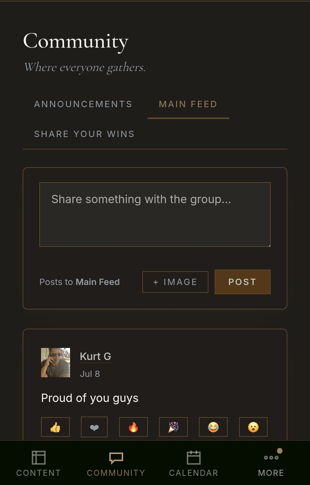 The members' community feed inside the branded mobile app