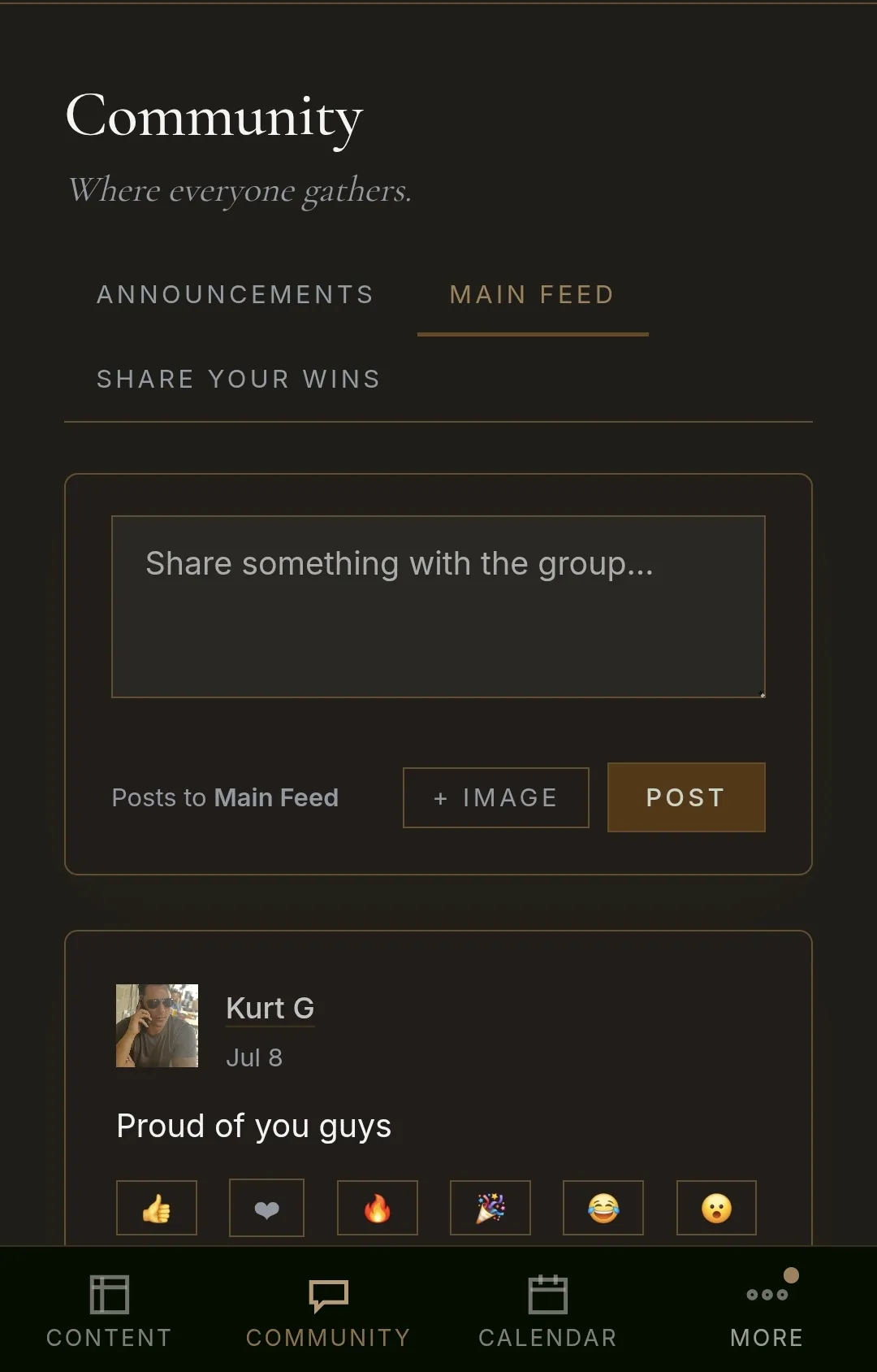 The members' community feed inside the branded mobile app